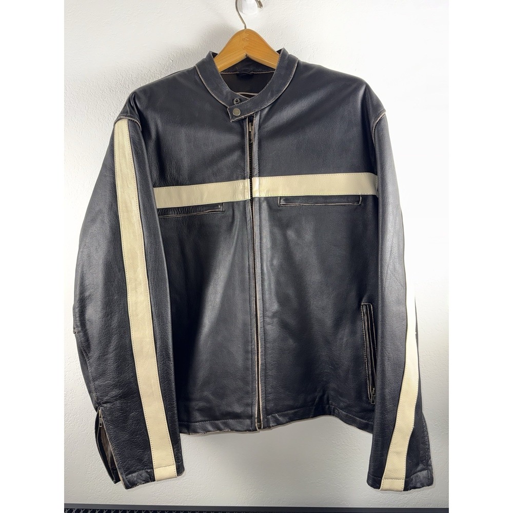 UNIK Vintage Leather Jacket Mens 3XL Black Cafe Racer Moto Stripe Biker Y2K